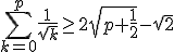 3$ \Bigsum_{k=0}^{p} \fr{1}{\sqrt{k}} \geq 2\sqrt{p+\fr{1}{2}}-\sqrt{2}